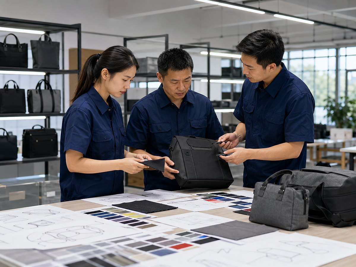 O'Lay team reviewing bag samples sketches and fabric swatches