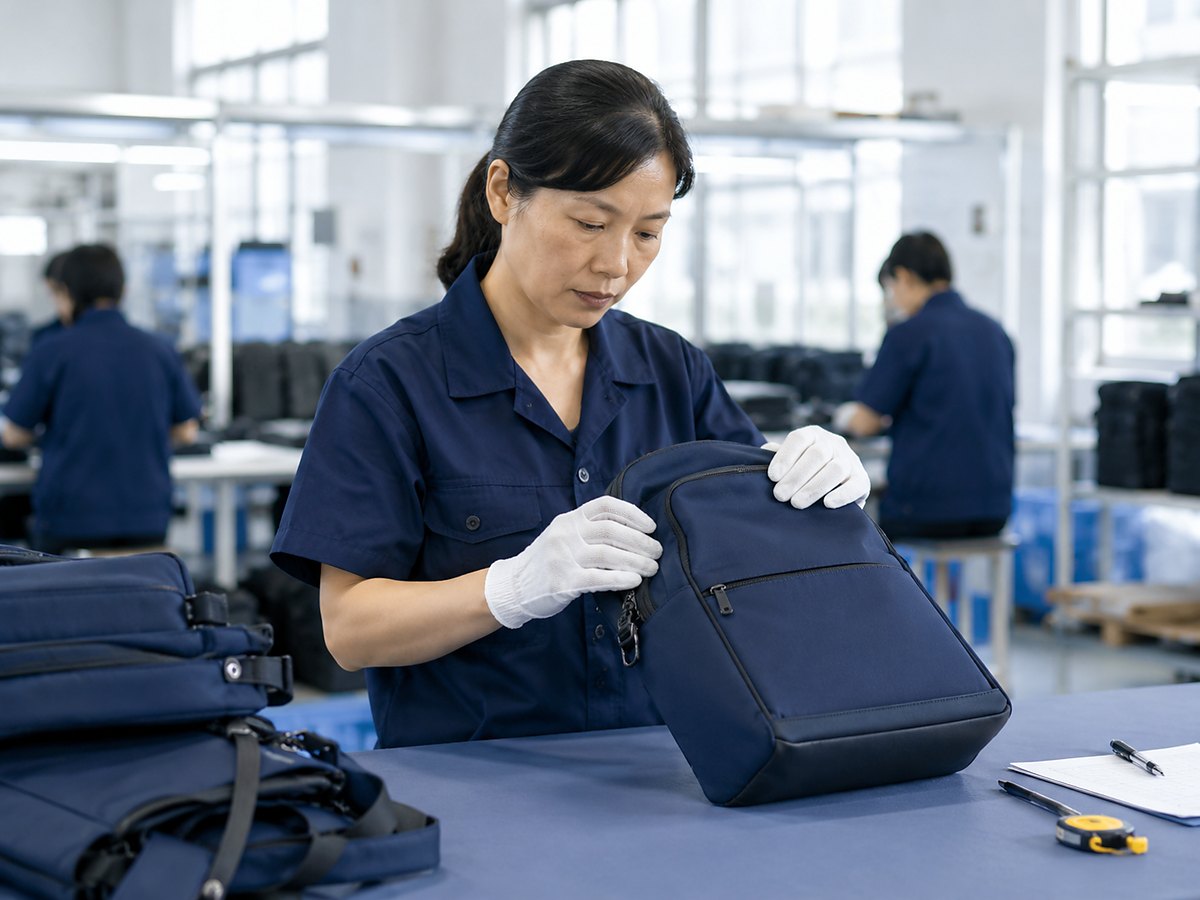 Quality inspector checking a finished custom bag with white gloves