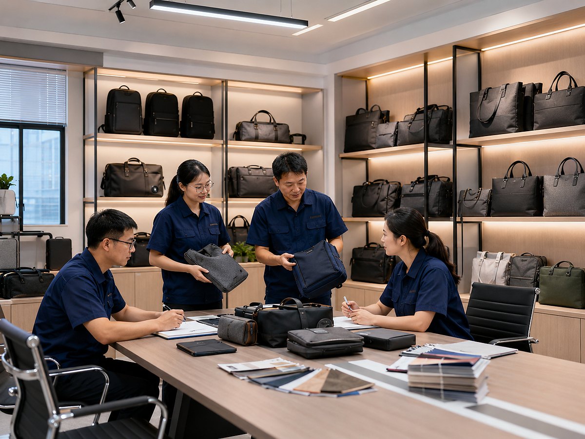 O'Lay showroom meeting room with custom bag samples